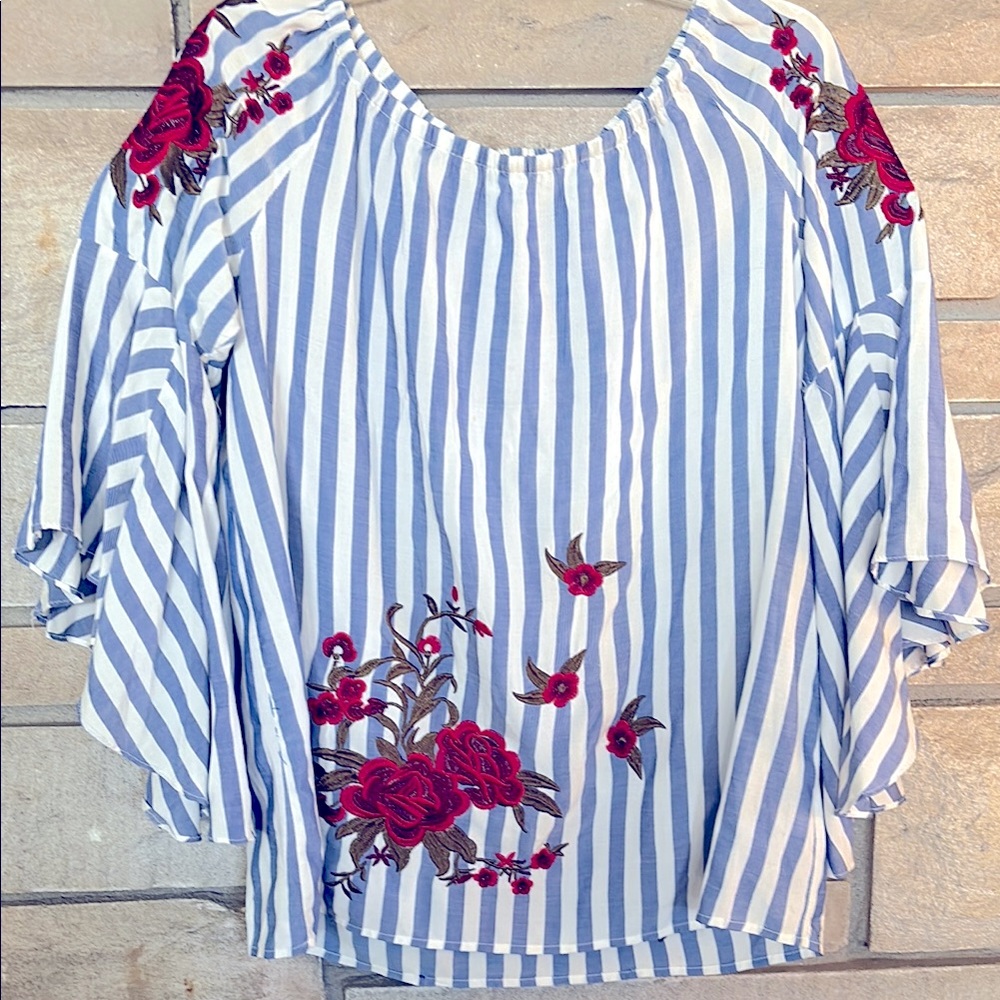 Fever Blue and White Flutter Sleeve Embellished Blouse